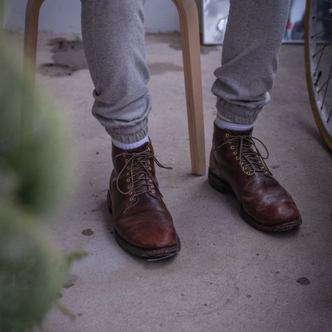 View photo of Viberg Wholecut Derby Boot in Horween Rowdy Dachshund