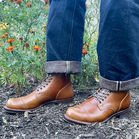 View photo of Viberg Service Boot BCT in Shinki Cognac Teacore Horsebutt