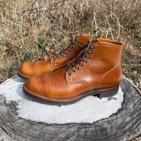 View photo of Viberg Service Boot BCT in Shinki Cognac Teacore Horsebutt