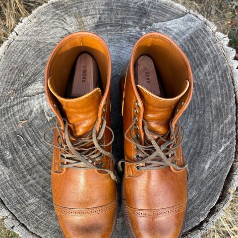 View photo of Viberg Service Boot BCT in Shinki Cognac Teacore Horsebutt