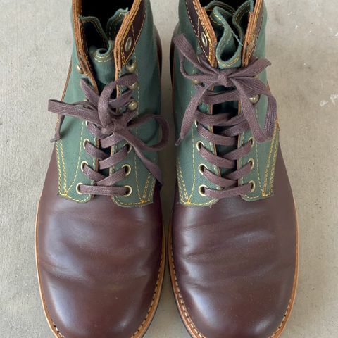 Search result thumbnail of Akito Trooper Boots in Veg-tanned, Vintage Brown Hand Finished/12oz Army Green Duck Canvas