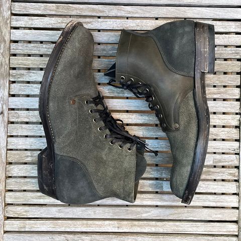 NF Bootmaker Belmont Boot in Horween Ink Essex & Horween Tumbled Black Latigo & Horween Reverse Ink Essex & Horween Reverse Tumbled Black Latigo