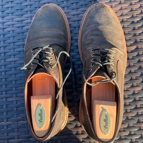 Grant Stone Plain Toe Blucher in C.F. Stead Earth Waxy Commander Suede