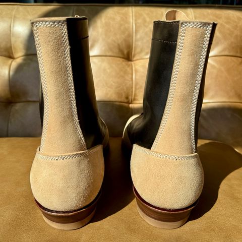 Flame Panda Service Boot in Maryam Natural Horsebutt Overdyed Brown then Black & Maryam Natural Reverse Horsebutt