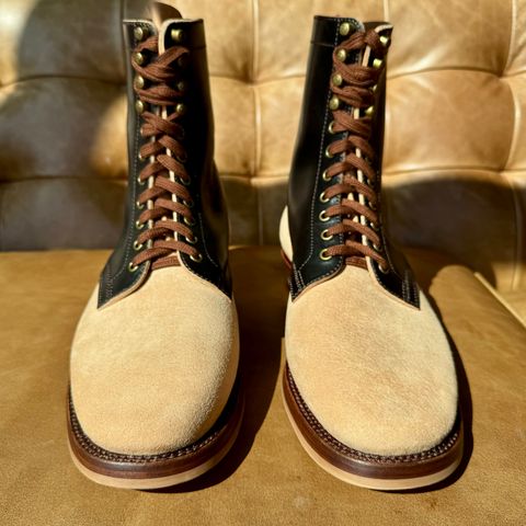 View photo of Flame Panda Service Boot in Maryam Natural Horsebutt Overdyed Brown then Black & Maryam Natural Reverse Horsebutt