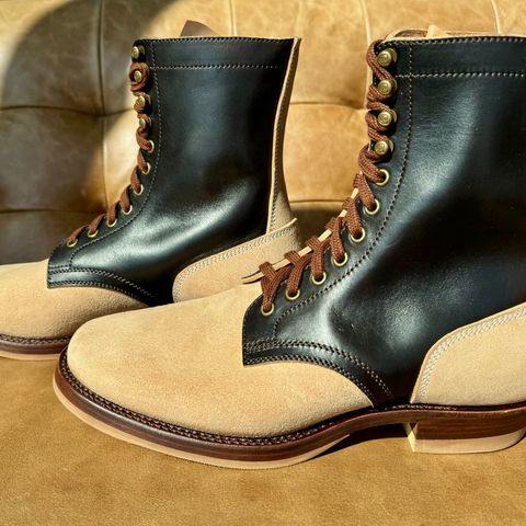 Flame Panda Service Boot in Maryam Natural Horsebutt Overdyed Brown then Black & Maryam Natural Reverse Horsebutt