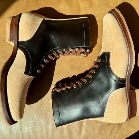 Flame Panda Service Boot in Maryam Natural Horsebutt Overdyed Brown then Black & Maryam Natural Reverse Horsebutt
