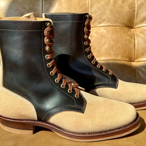 View photo of Flame Panda Service Boot in Maryam Natural Horsebutt Overdyed Brown then Black & Maryam Natural Reverse Horsebutt