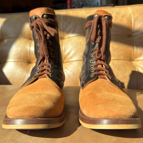 View photo of Flame Panda Service Boot in Maryam Natural Horsebutt Overdyed Brown then Black & Maryam Natural Reverse Horsebutt