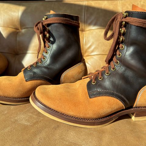 View photo of Flame Panda Service Boot in Maryam Natural Horsebutt Overdyed Brown then Black & Maryam Natural Reverse Horsebutt