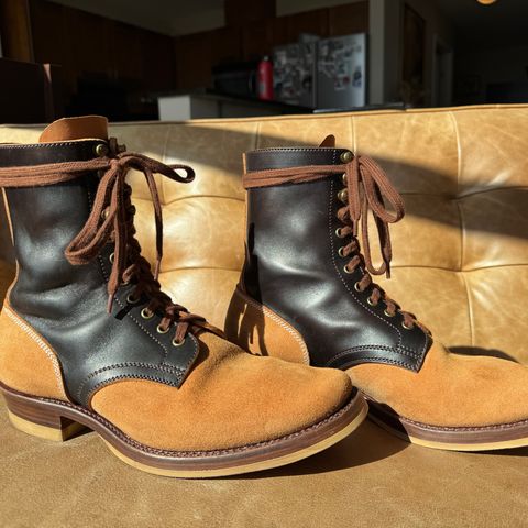 View photo of Flame Panda Service Boot in Maryam Natural Horsebutt Overdyed Brown then Black & Maryam Natural Reverse Horsebutt