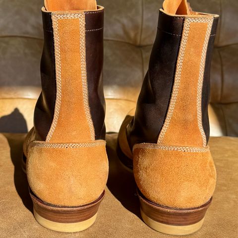 View photo of Flame Panda Service Boot in Maryam Natural Horsebutt Overdyed Brown then Black & Maryam Natural Reverse Horsebutt