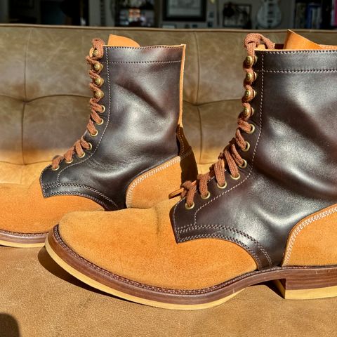 View photo of Flame Panda Service Boot in Maryam Natural Horsebutt Overdyed Brown then Black & Maryam Natural Reverse Horsebutt