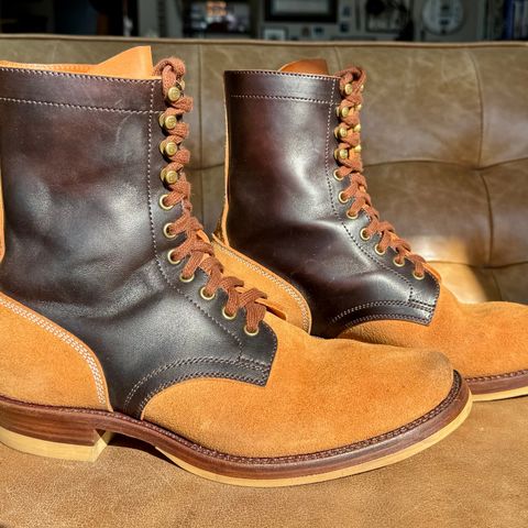 View photo of Flame Panda Service Boot in Maryam Natural Horsebutt Overdyed Brown then Black & Maryam Natural Reverse Horsebutt