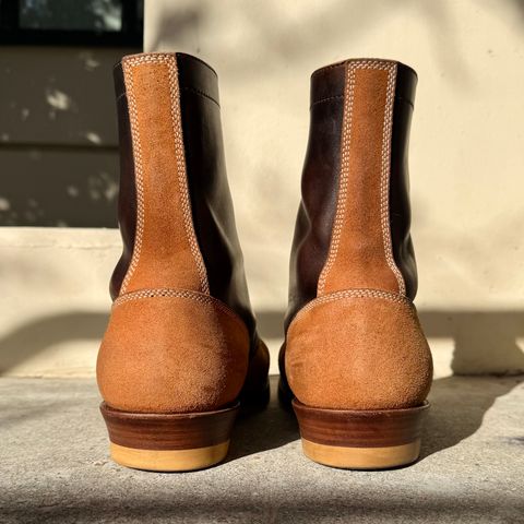 View photo of Flame Panda Service Boot in Maryam Natural Horsebutt Overdyed Brown then Black & Maryam Natural Reverse Horsebutt