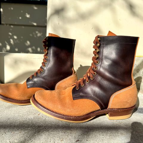 View photo of Flame Panda Service Boot in Maryam Natural Horsebutt Overdyed Brown then Black & Maryam Natural Reverse Horsebutt