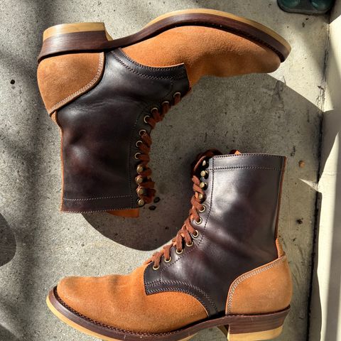 View photo of Flame Panda Service Boot in Maryam Natural Horsebutt Overdyed Brown then Black & Maryam Natural Reverse Horsebutt