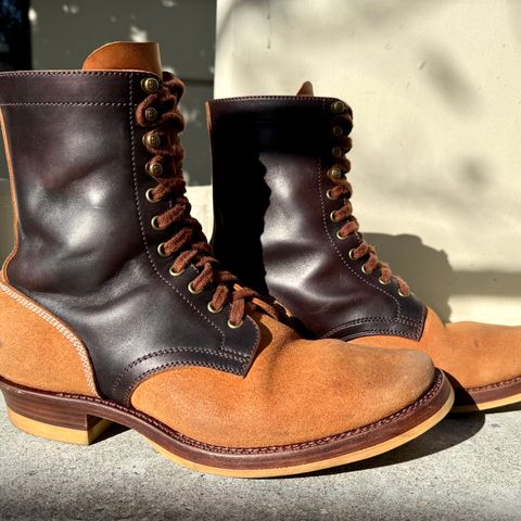 View photo of Flame Panda Service Boot in Maryam Natural Horsebutt Overdyed Brown then Black & Maryam Natural Reverse Horsebutt