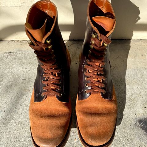 View photo of Flame Panda Service Boot in Maryam Natural Horsebutt Overdyed Brown then Black & Maryam Natural Reverse Horsebutt