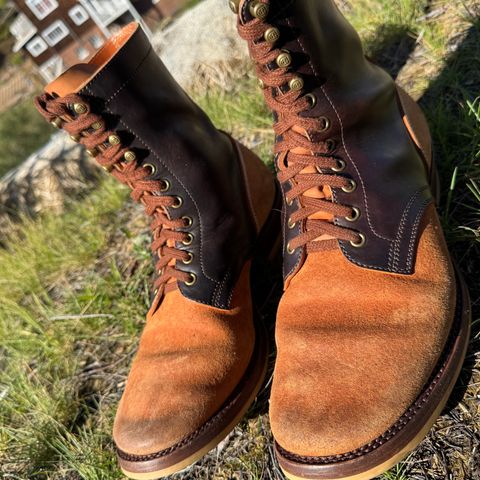 Flame Panda Service Boot in Maryam Natural Horsebutt Overdyed Brown then Black & Maryam Natural Reverse Horsebutt