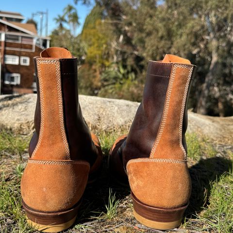 Flame Panda Service Boot in Maryam Natural Horsebutt Overdyed Brown then Black & Maryam Natural Reverse Horsebutt