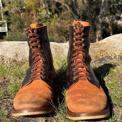 Flame Panda Service Boot in Maryam Natural Horsebutt Overdyed Brown then Black & Maryam Natural Reverse Horsebutt