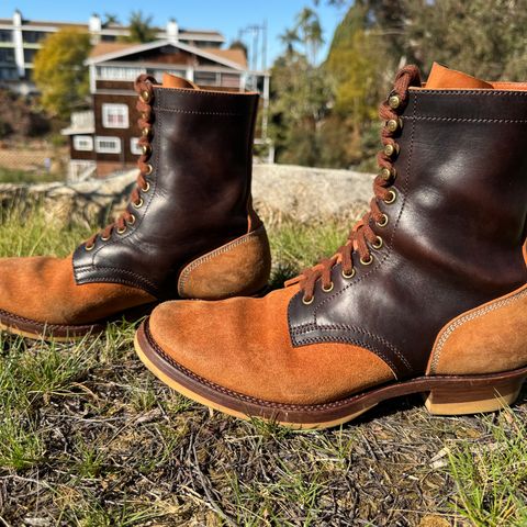 Flame Panda Service Boot in Maryam Natural Horsebutt Overdyed Brown then Black & Maryam Natural Reverse Horsebutt