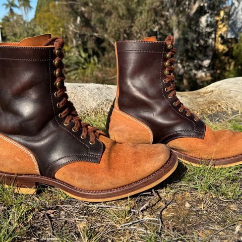 Flame Panda Service Boot in Maryam Natural Horsebutt Overdyed Brown then Black & Maryam Natural Reverse Horsebutt