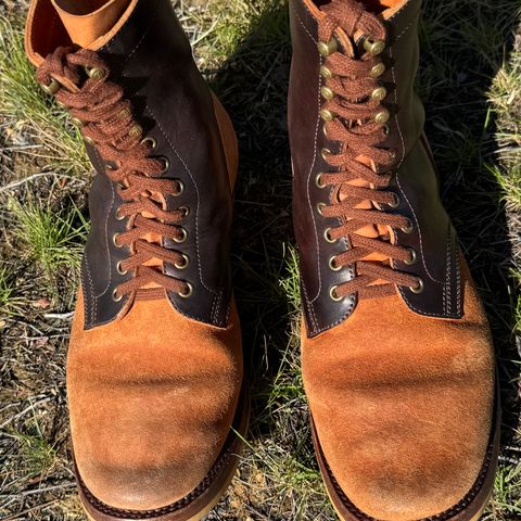 Flame Panda Service Boot in Maryam Natural Horsebutt Overdyed Brown then Black & Maryam Natural Reverse Horsebutt