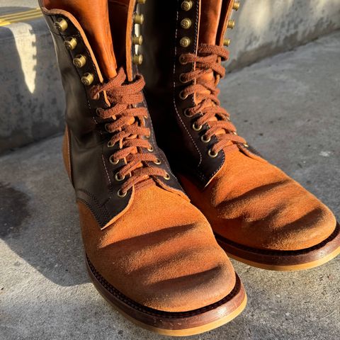 Flame Panda Service Boot in Maryam Natural Horsebutt Overdyed Brown then Black & Maryam Natural Reverse Horsebutt