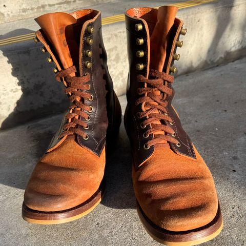 Flame Panda Service Boot in Maryam Natural Horsebutt Overdyed Brown then Black & Maryam Natural Reverse Horsebutt