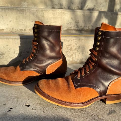 Flame Panda Service Boot in Maryam Natural Horsebutt Overdyed Brown then Black & Maryam Natural Reverse Horsebutt