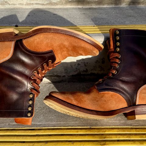 Flame Panda Service Boot in Maryam Natural Horsebutt Overdyed Brown then Black & Maryam Natural Reverse Horsebutt