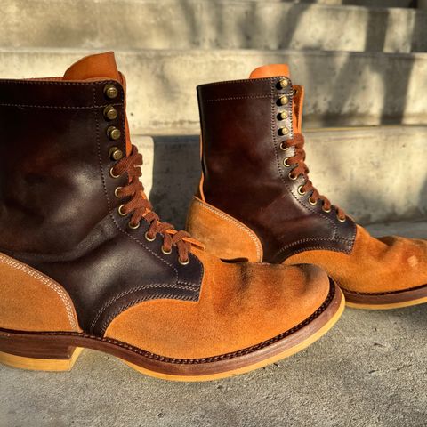 Flame Panda Service Boot in Maryam Natural Horsebutt Overdyed Brown then Black & Maryam Natural Reverse Horsebutt