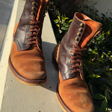 Flame Panda Service Boot in Maryam Natural Horsebutt Overdyed Brown then Black & Maryam Natural Reverse Horsebutt