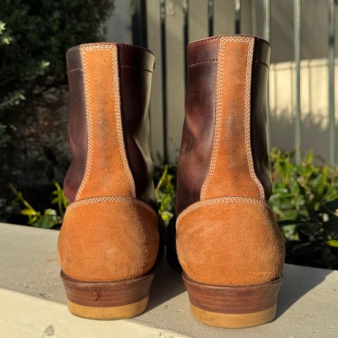 Flame Panda Service Boot in Maryam Natural Horsebutt Overdyed Brown then Black & Maryam Natural Reverse Horsebutt