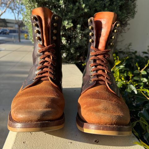 Flame Panda Service Boot in Maryam Natural Horsebutt Overdyed Brown then Black & Maryam Natural Reverse Horsebutt