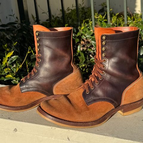 Flame Panda Service Boot in Maryam Natural Horsebutt Overdyed Brown then Black & Maryam Natural Reverse Horsebutt