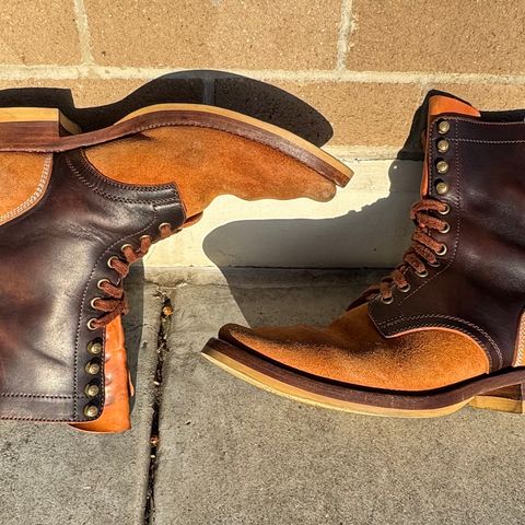 Flame Panda Service Boot in Maryam Natural Horsebutt Overdyed Brown then Black & Maryam Natural Reverse Horsebutt