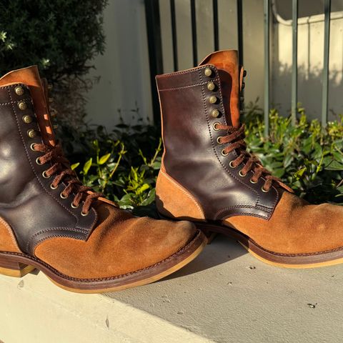 Flame Panda Service Boot in Maryam Natural Horsebutt Overdyed Brown then Black & Maryam Natural Reverse Horsebutt