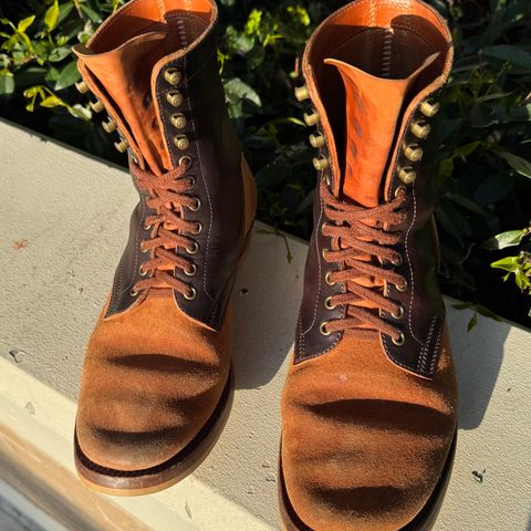 Flame Panda Service Boot in Maryam Natural Horsebutt Overdyed Brown then Black & Maryam Natural Reverse Horsebutt