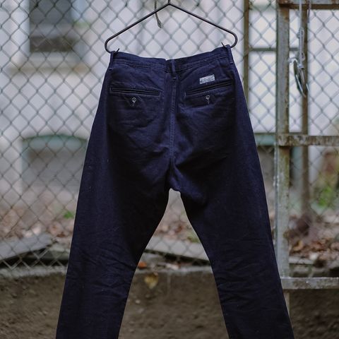 View photo of Left Field NYC Duck Chinos in 12 oz Nihon Menpu Deep Indigo Selvedge