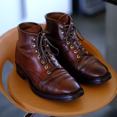 View photo of White Kloud Blucher.87 in Leder Ogawa Coffee Shell Cordovan