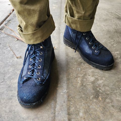 View photo of Danner x FDMTL Indigo Sashiko Boots in FDMTL Original Indigo Sashiko