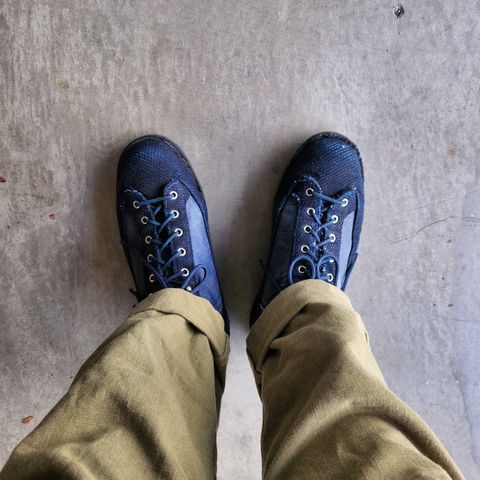 View photo of Danner x FDMTL Indigo Sashiko Boots in FDMTL Original Indigo Sashiko