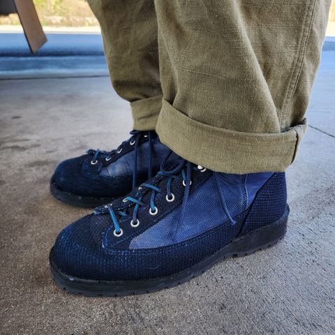 View photo of Danner x FDMTL Indigo Sashiko Boots in FDMTL Original Indigo Sashiko