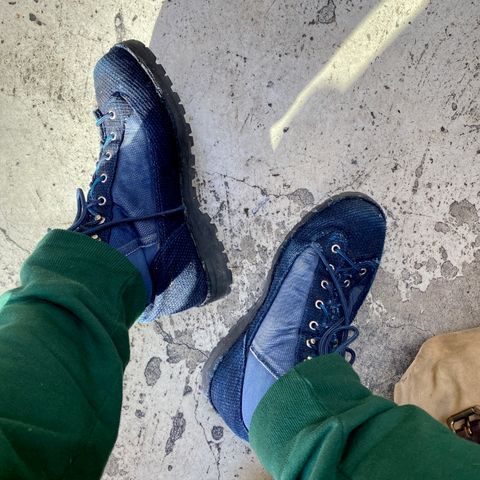 View photo of Danner x FDMTL Indigo Sashiko Boots in FDMTL Original Indigo Sashiko