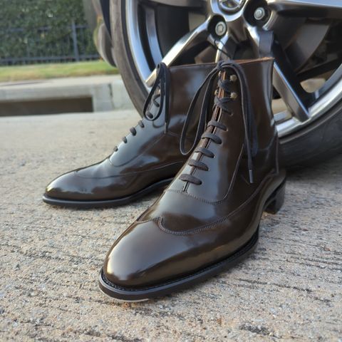 Tread Heavily Shoes Acclamator Austerity Brogue Boot in Horween Dark Cognac Shell Cordovan