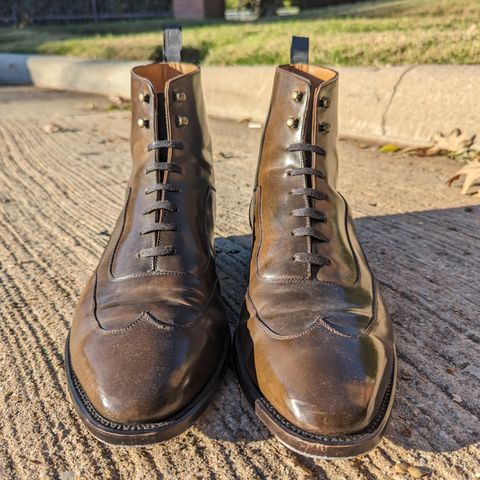 Tread Heavily Shoes Acclamator Austerity Brogue Boot in Horween Dark Cognac Shell Cordovan