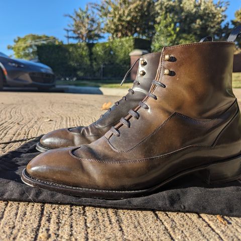 Tread Heavily Shoes Acclamator Austerity Brogue Boot in Horween Dark Cognac Shell Cordovan